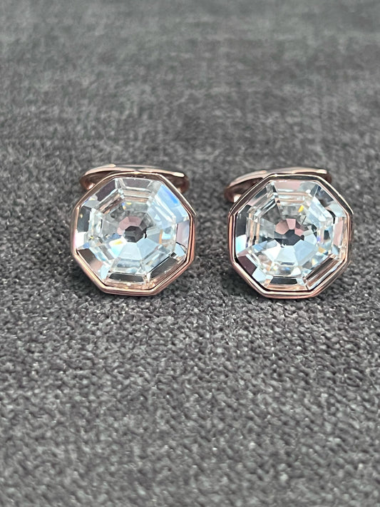 White crystal set in Rose gold-tone cufflinks