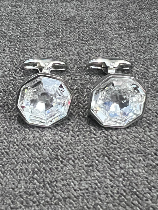 White crystal set in White gold-tone cufflinks