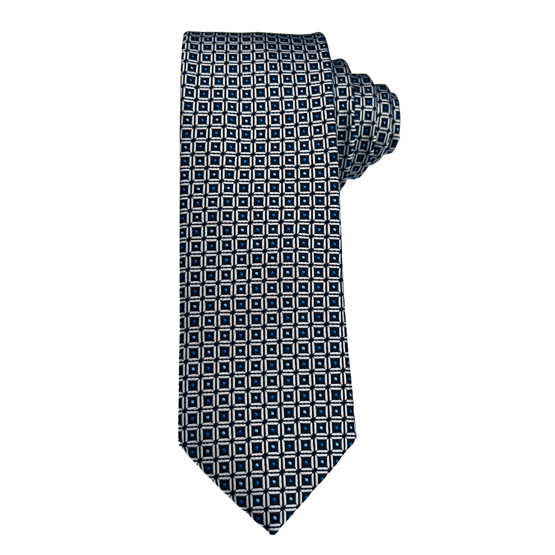 White Boxed Blue Pattern Tie